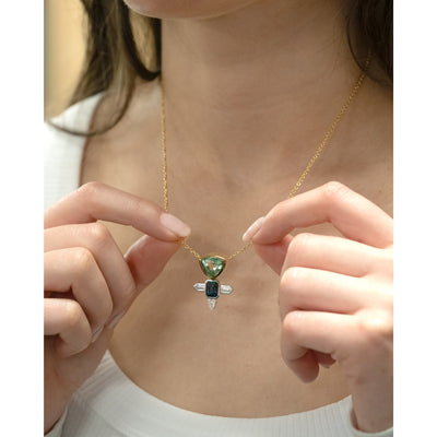 Tourmaline, Diamond & Sapphire Drop Pendant in Yellow Gold | 4.83ct