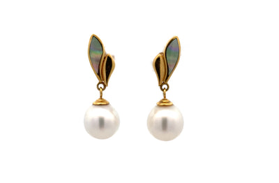 Mother of Pearl and South Sea Pearl Drop Earrings in Yellow Gold