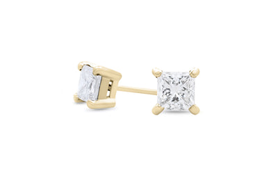 Classic Princess Cut Diamond Claw Set Stud Earrings in 14ct yellow gold