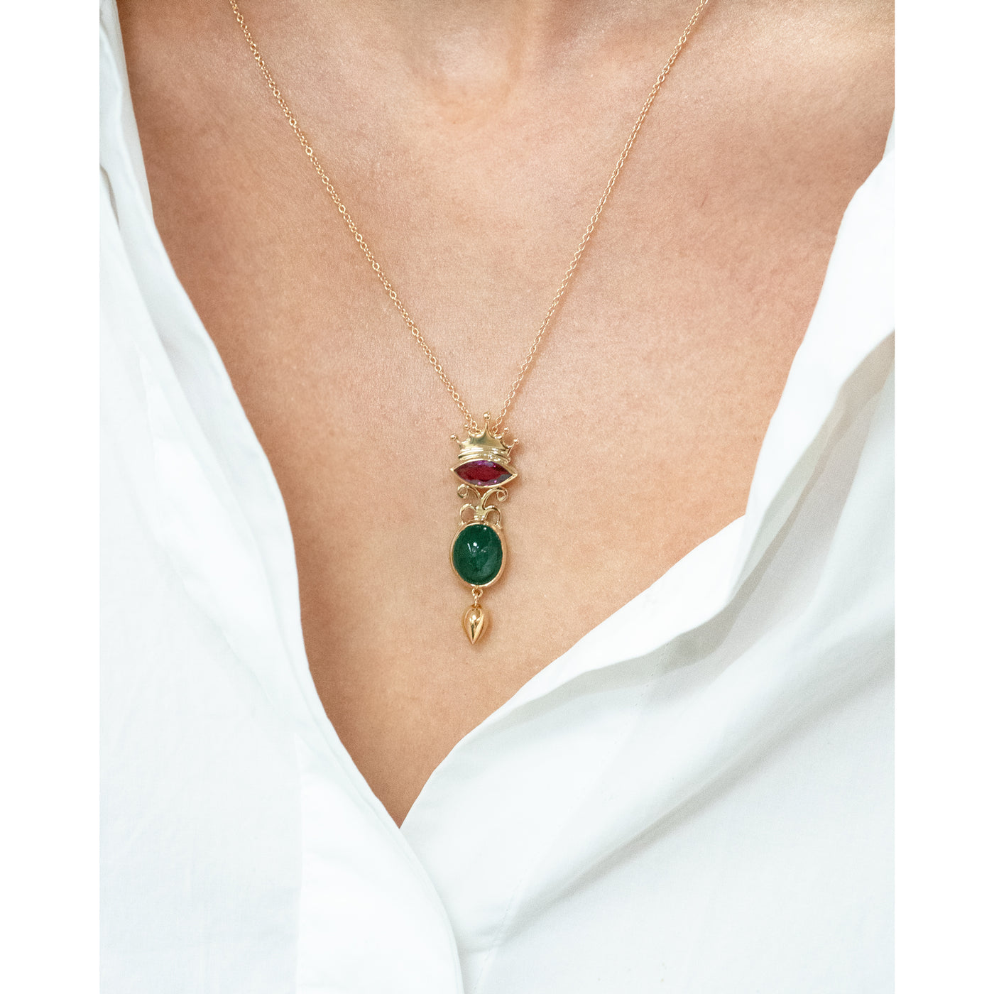Princess and the Pea: Ruby and Emerald Pendant in Yellow Gold