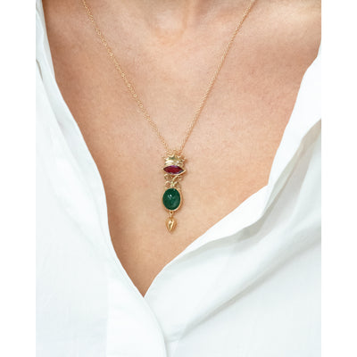 Princess and the Pea: Ruby and Emerald Pendant in Yellow Gold