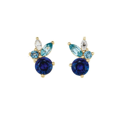 Aquamarine, Sapphire, Diamond and Zircon Popcorn Stud Earrings in Yellow Gold