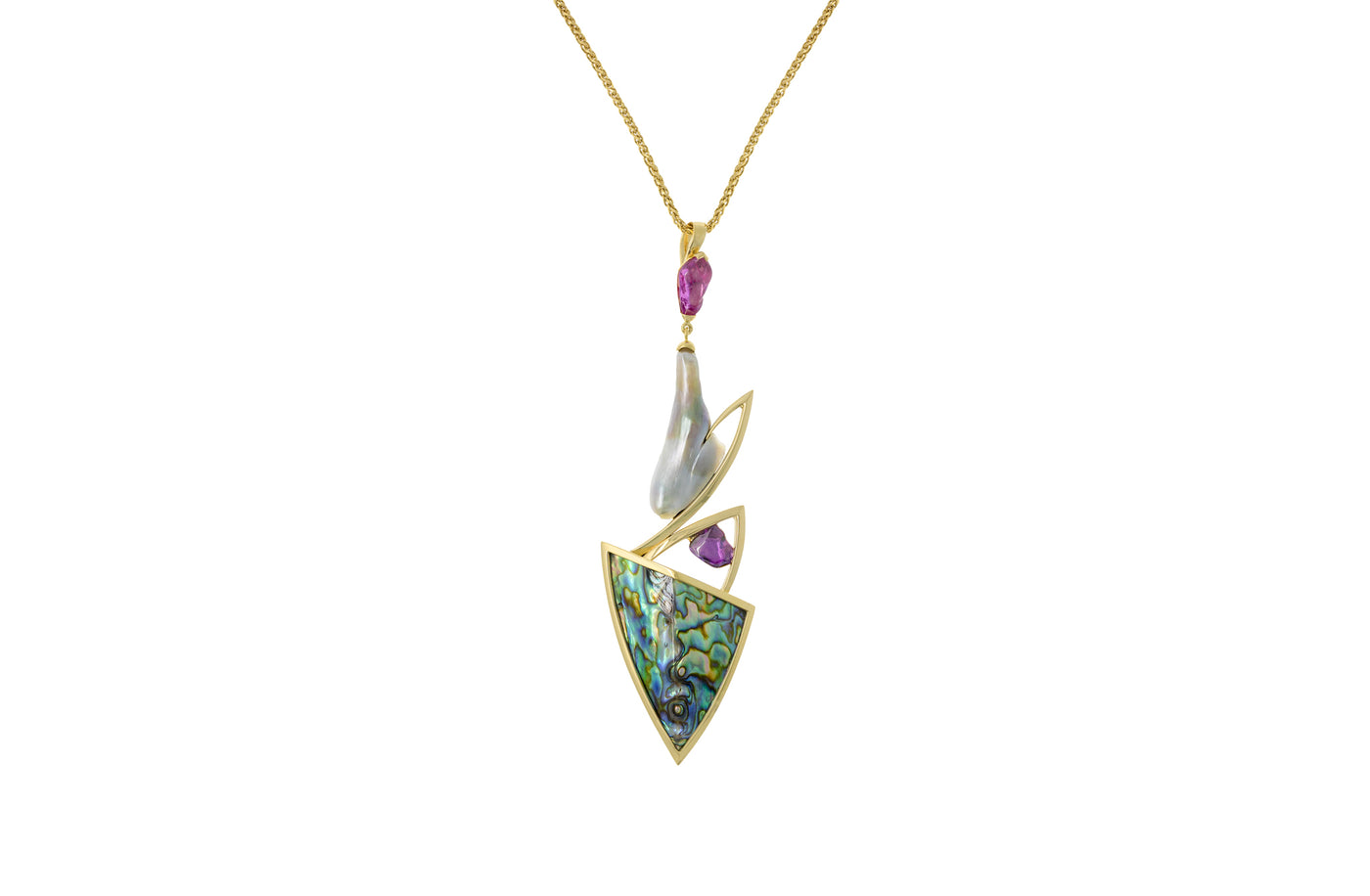 Tāne: Paua, Pearl & Sapphire Pendant in Yellow Gold