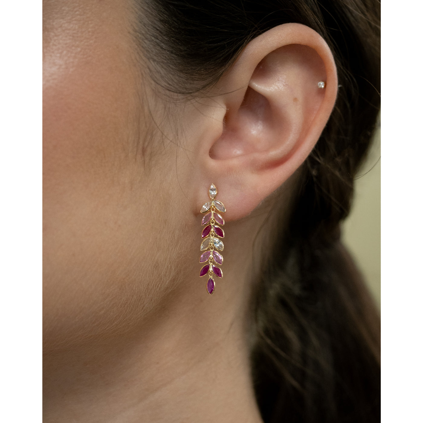 Vine: Pink Sapphire and Ruby Drop Earrings in Yellow Gold | 3.90ctw