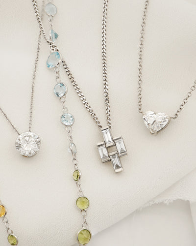 Floeting® Diamond Necklace, Heart Cut Diamond Pendant, Emerald Cut Cluster Pendant and Coloured Gemstone Necklace in White Gold