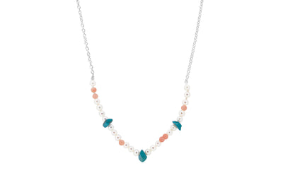 Cultured Pearl, Coral and Turquoise Necklace in  Sterling Silver