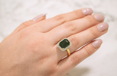 Almost Midnight: Green Sapphire and Diamond Halo Ring