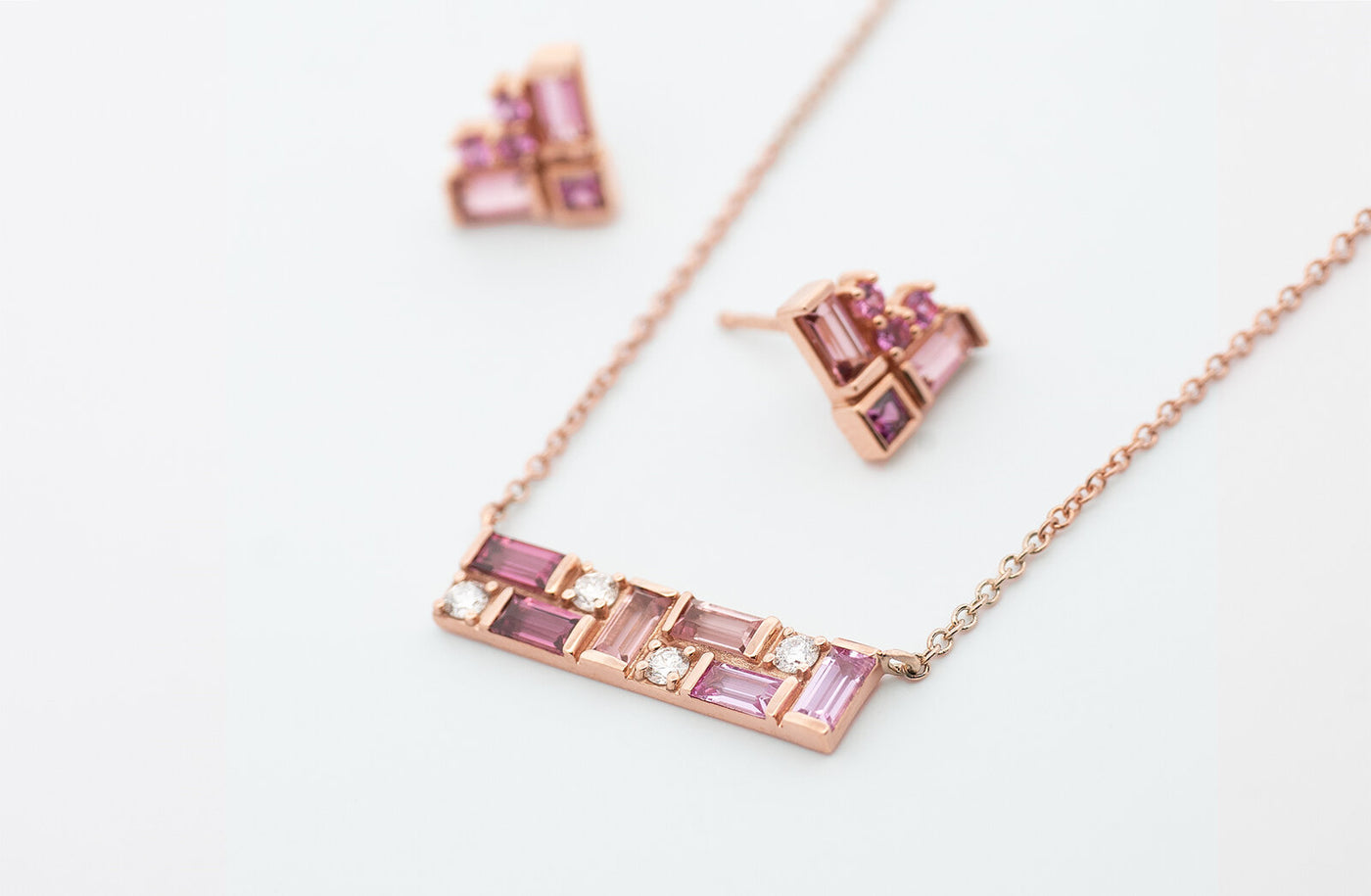 Diamond, Sapphire, Garnet & Tourmaline Bar Necklace in Rose Gold