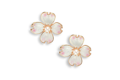 Dogwood Flower Enamel Earrings with Akoya Pearl in Rose Gold