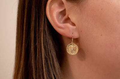 Textured Flower Diamond Set Disc Earrings in Yellow Gold | 0.05ctw