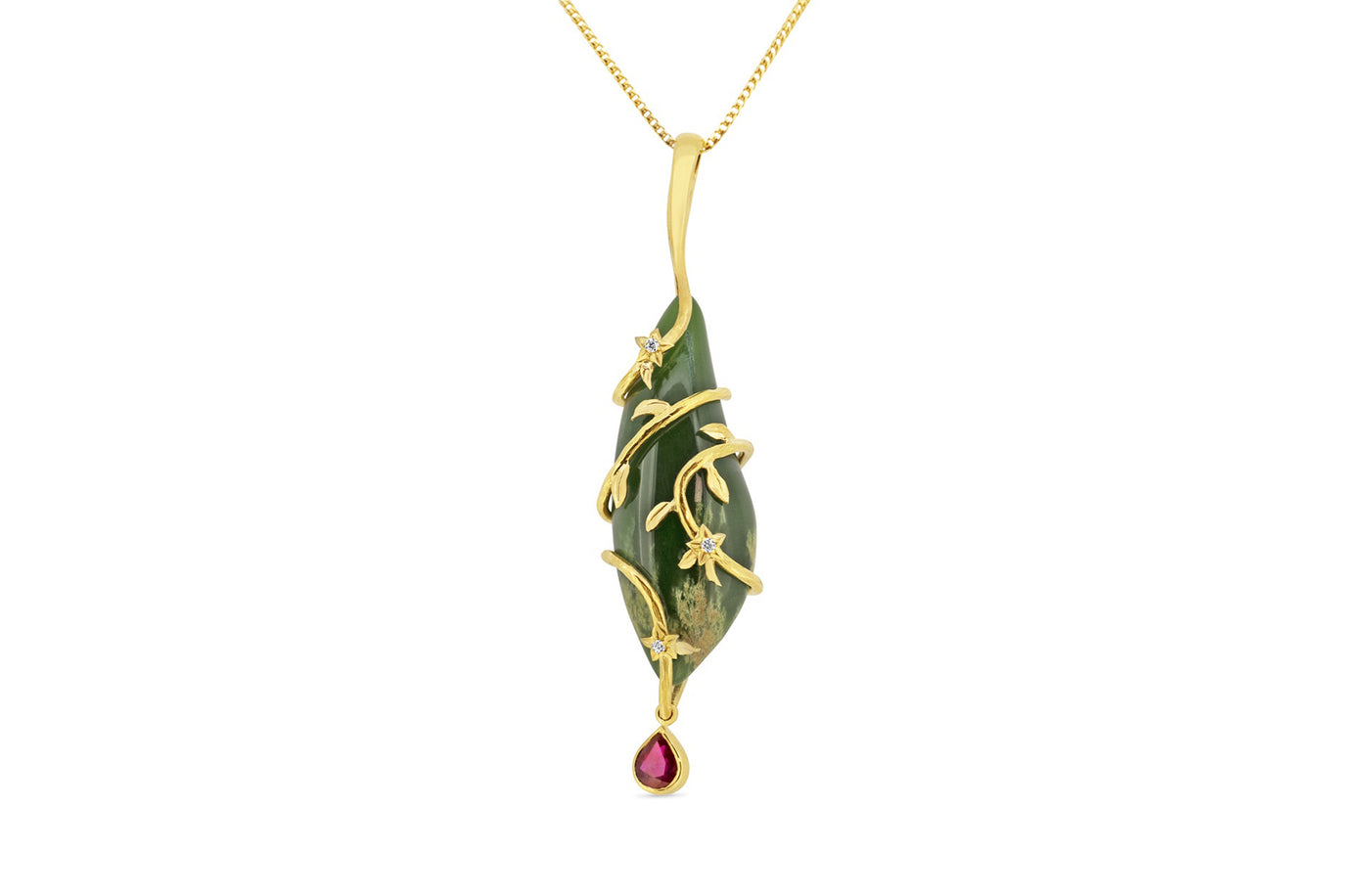 Flower Jade, Ruby & Diamond Pendant in Yellow Gold
