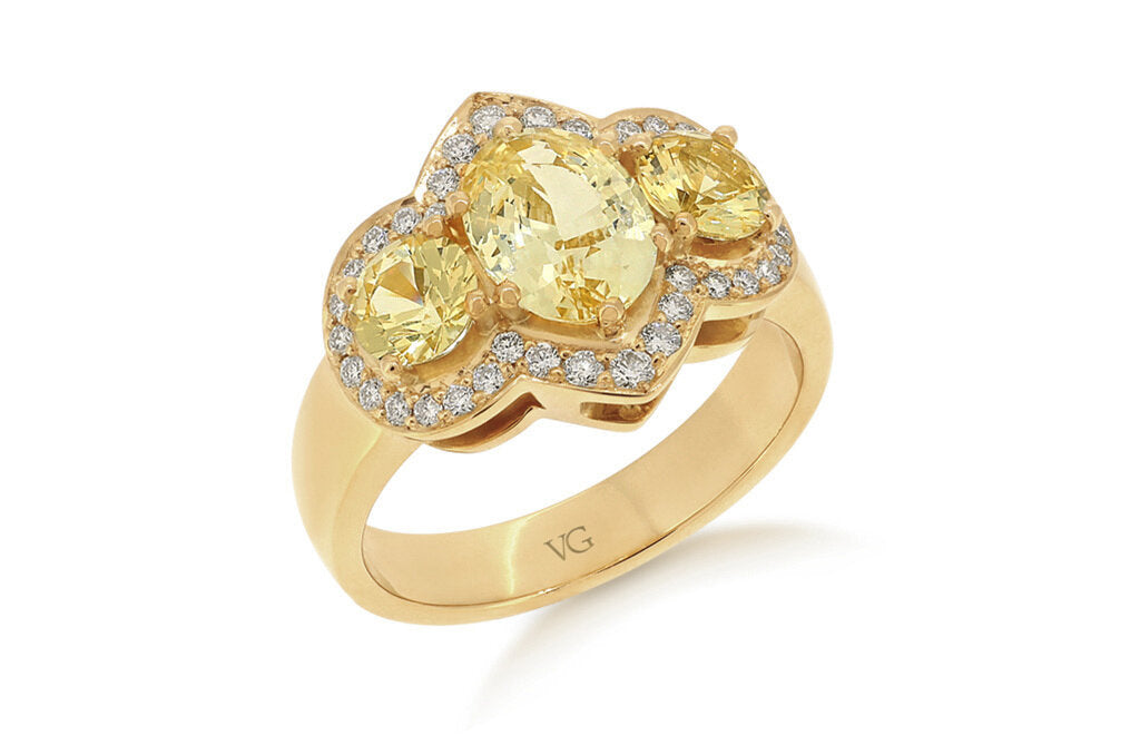 Golden Sapphire and Diamond Three Stone Ring
