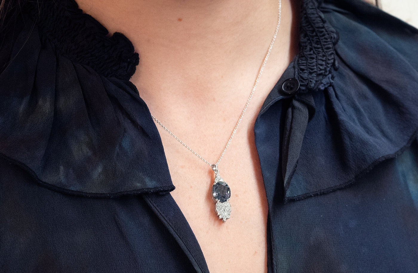 Peacock: Grey-Blue Spinel and Diamond Pendant