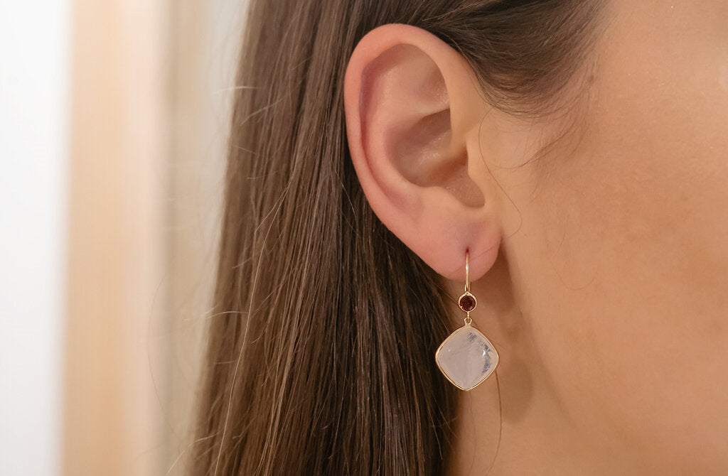 Moonstone and Garnet Drop Earrings in Yellow Gold