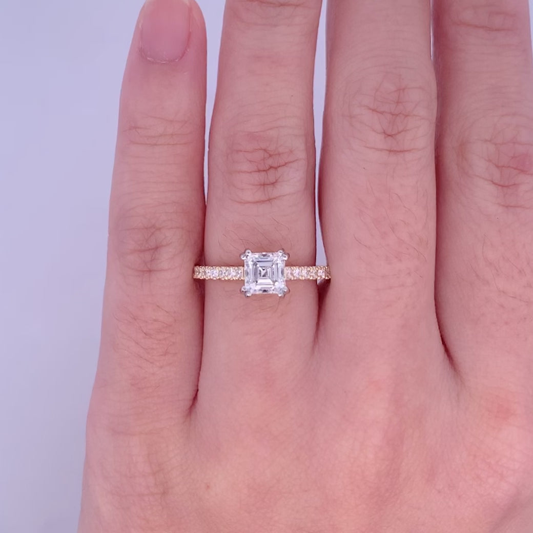 Square Emerald Cut Diamond Solitaire Ring with Diamond Band in Yellow Gold | 1.30ctw