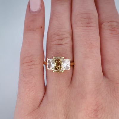 Radiant Cut Cognac Diamond Three Stone Ring in Yellow Gold | 2.72ctw