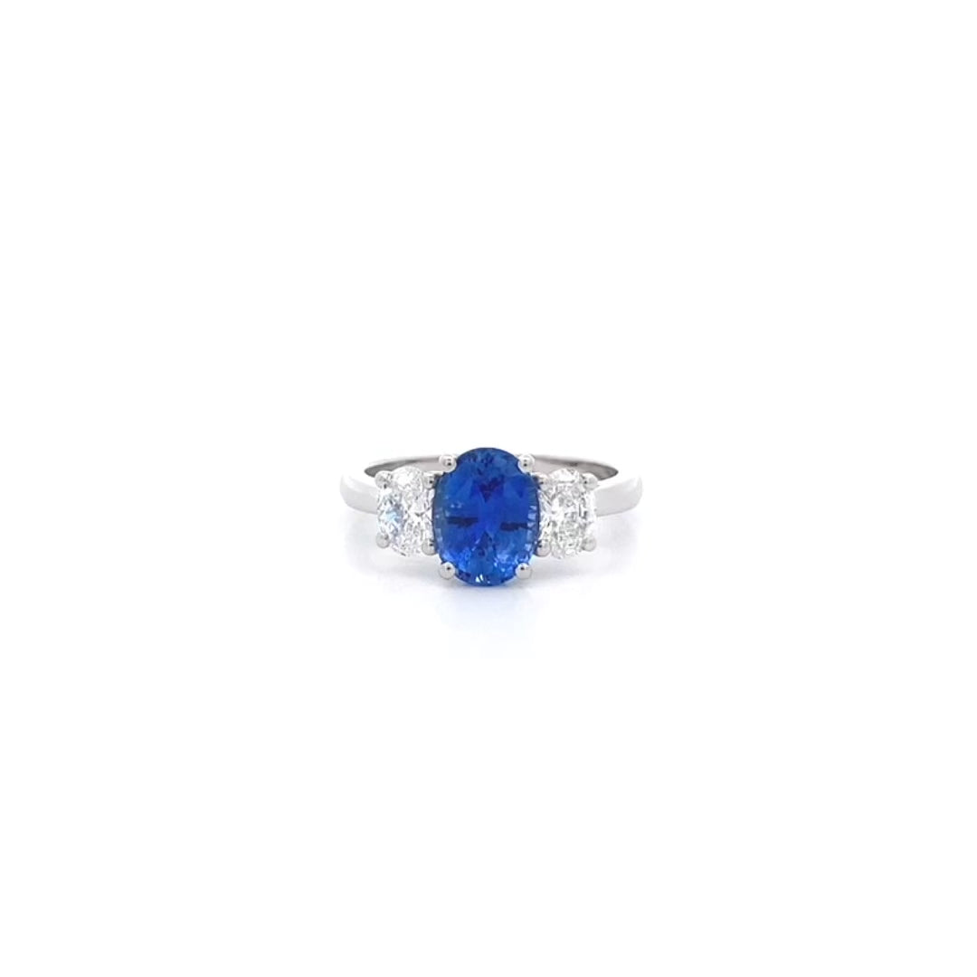 Oval Cut Sapphire and Diamond Three Stone in Platinum | 2.18ct