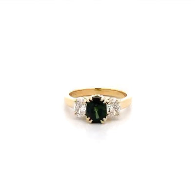 Makem: Green Sapphire & Diamond Three Stone Ring