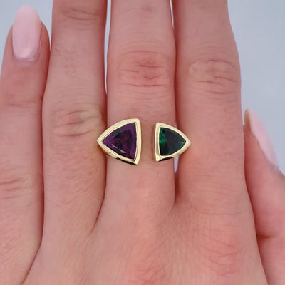 Tourmaline & Garnet Two Stone Ring in Yellow Gold | 4.37ctw
