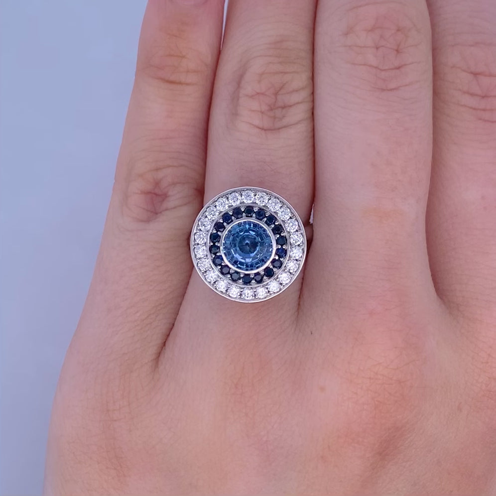 Aegis: Sapphire and Diamond Double Halo Ring in Platinum