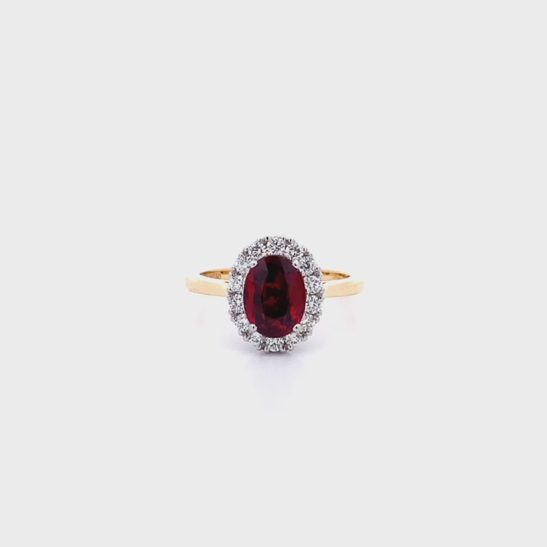 Ruby and Diamond Halo Ring in Yellow Gold | 1.98ct