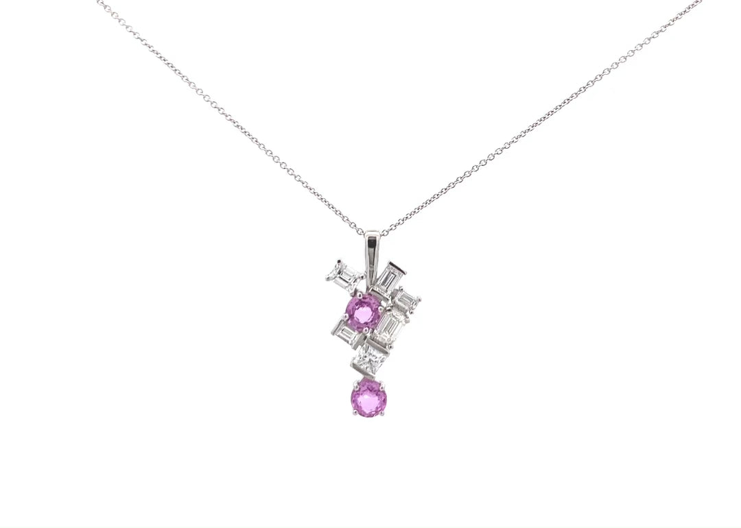 Pink Sapphire and Diamond Drop Pendant in Platinum