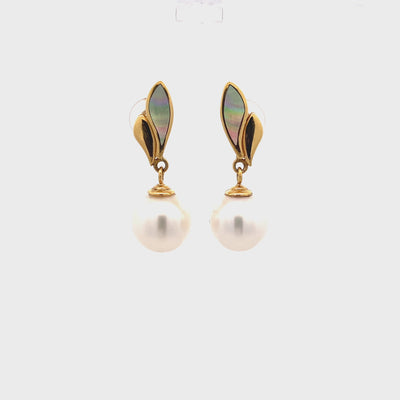 Mother of Pearl and South Sea Pearl Drop Earrings in Yellow Gold