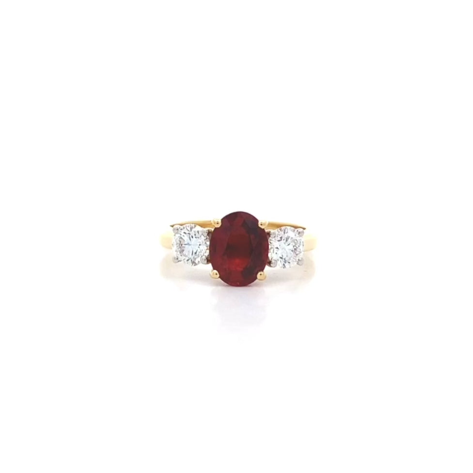 Ruby and Diamond Three Stone Ring in Yellow Gold | 2.49ct