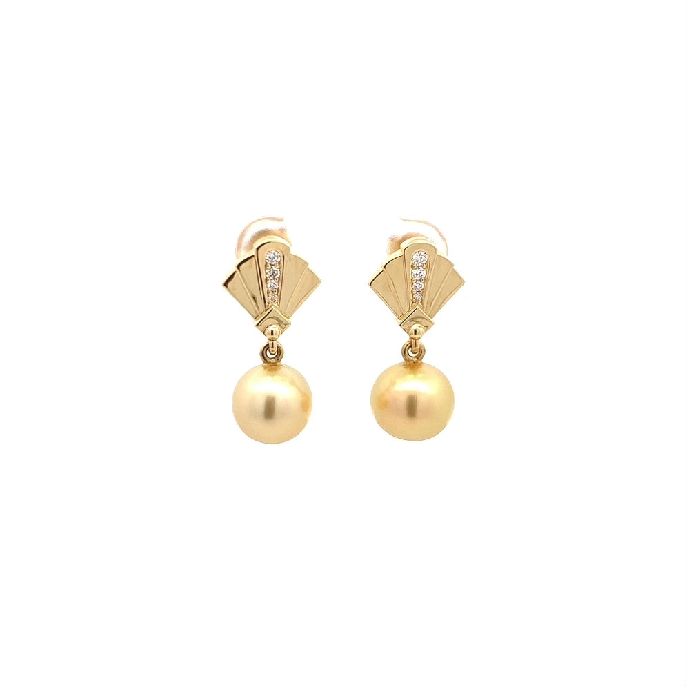 Deco-Style Golden South Sea Pearl and Diamond Earrings Yellow Gold