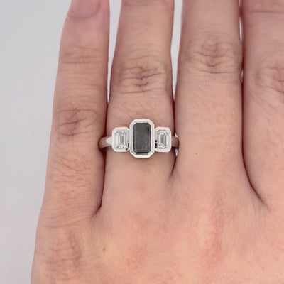 Natural emerald cut salt and pepper diamond and emerald cut diamond three stone ring in platinum