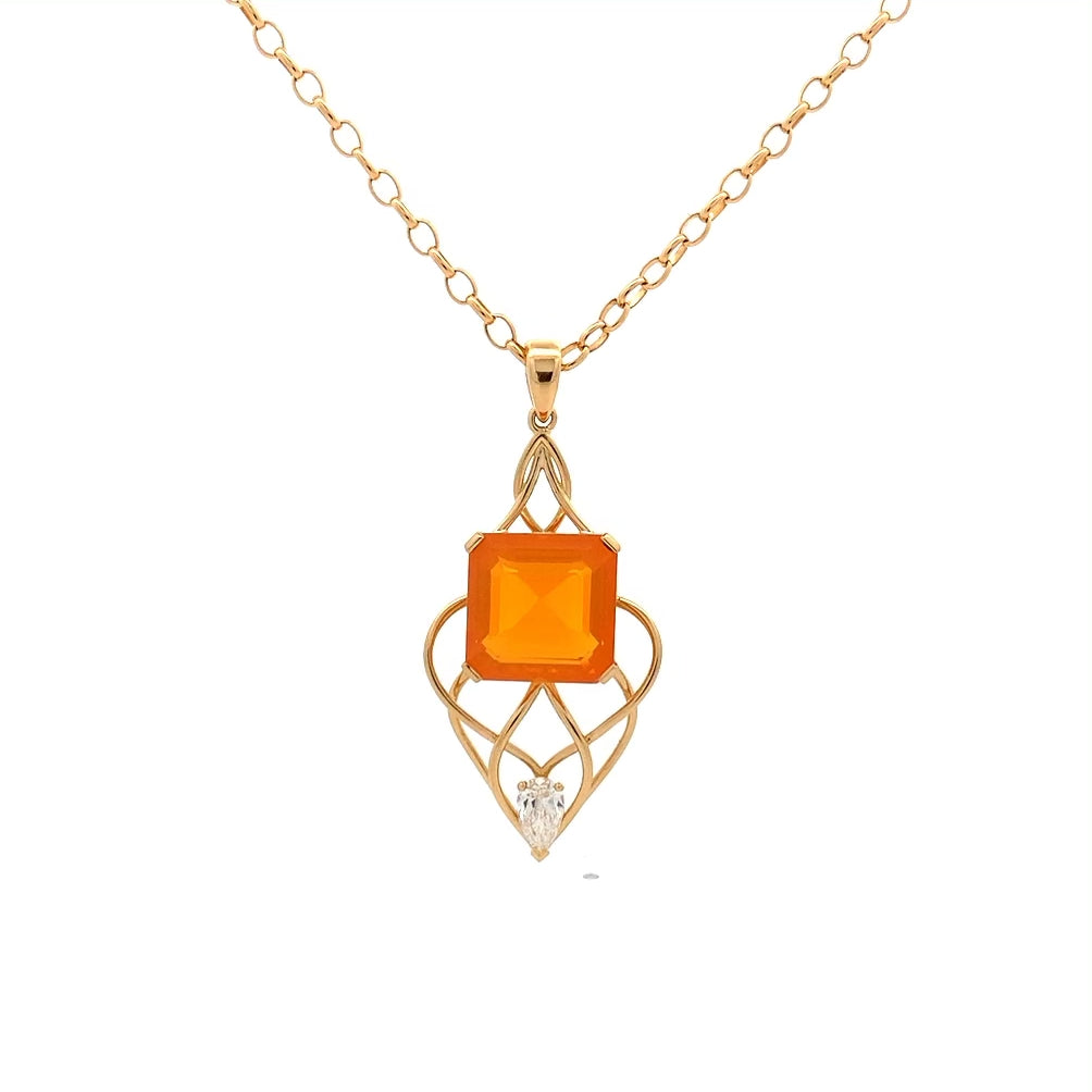 Fire Opal & Diamond Drop Pendant in Yellow Gold | 7.71ct