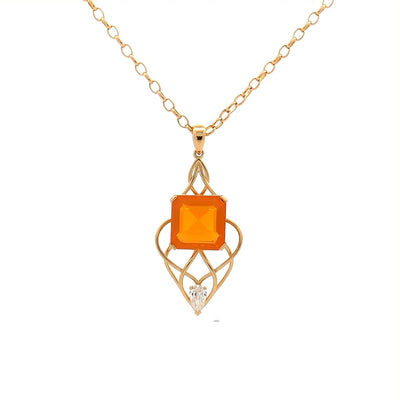 Fire Opal & Diamond Drop Pendant in Yellow Gold | 7.71ct