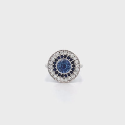 Aegis: Sapphire and Diamond Double Halo Ring in Platinum