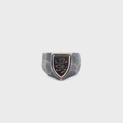 Lion Engraved Shield Signet Ring in Sterling Silver