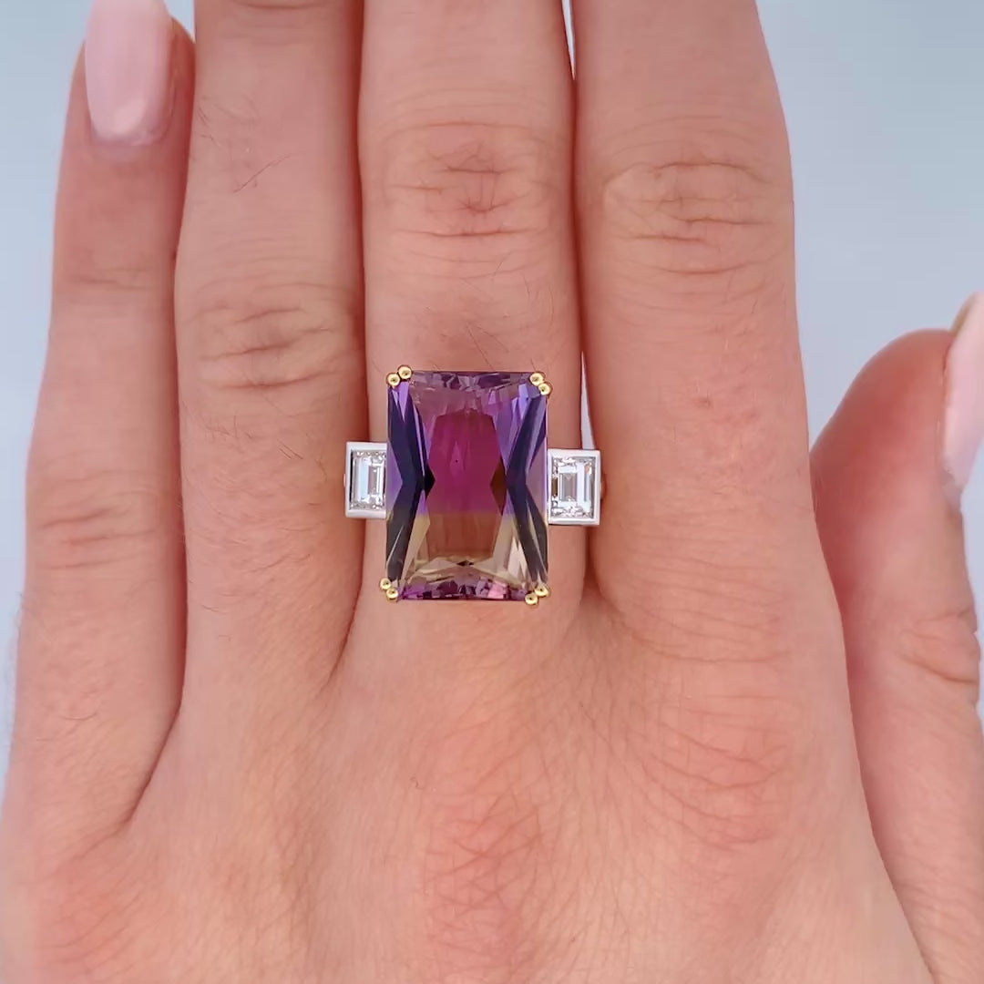 Cosmos: Ametrine and Diamond Three Stone Ring in Yellow Gold | 9.78ct