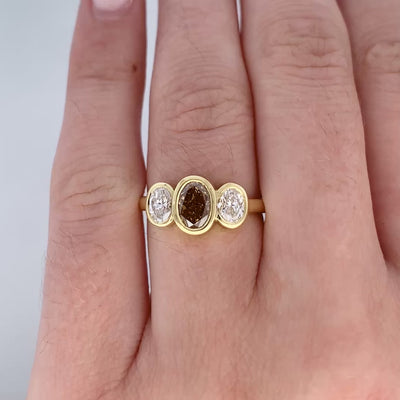 Cognac Diamond Three Stone Ring in Yellow Gold | 1.81ctw