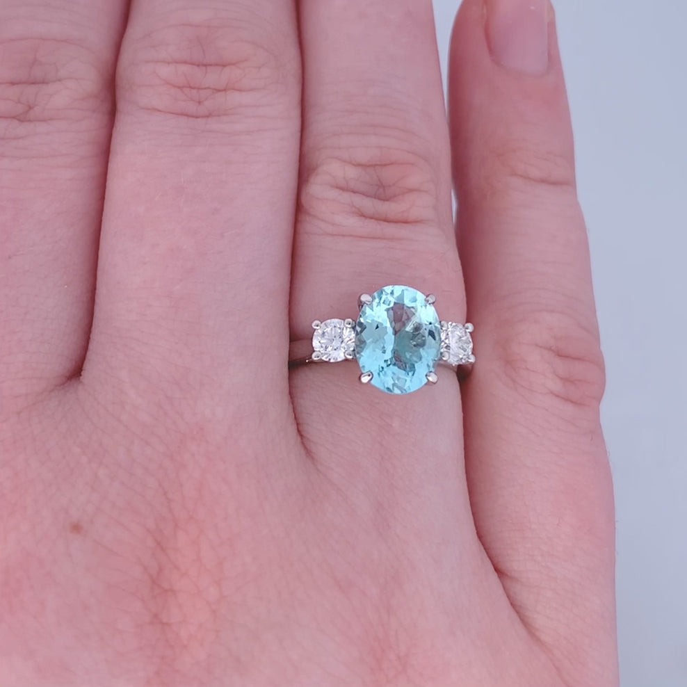 Aquamarine and Diamond Three Stone Ring