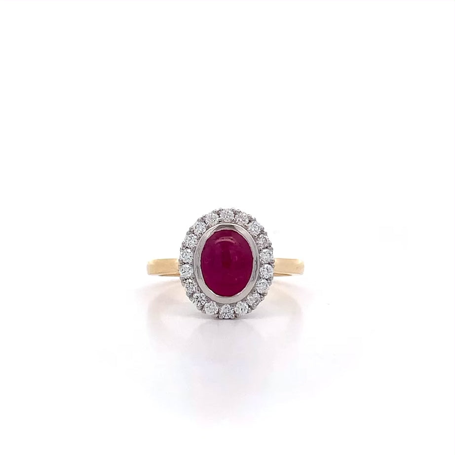 Cabochon Cut Ruby and Diamond Halo Ring in Yellow Gold | 2.26ctw