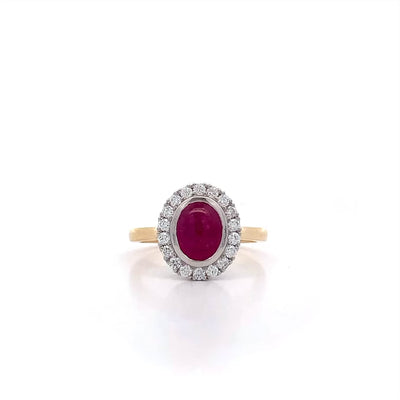 Cabochon Cut Ruby and Diamond Halo Ring in Yellow Gold | 2.26ctw