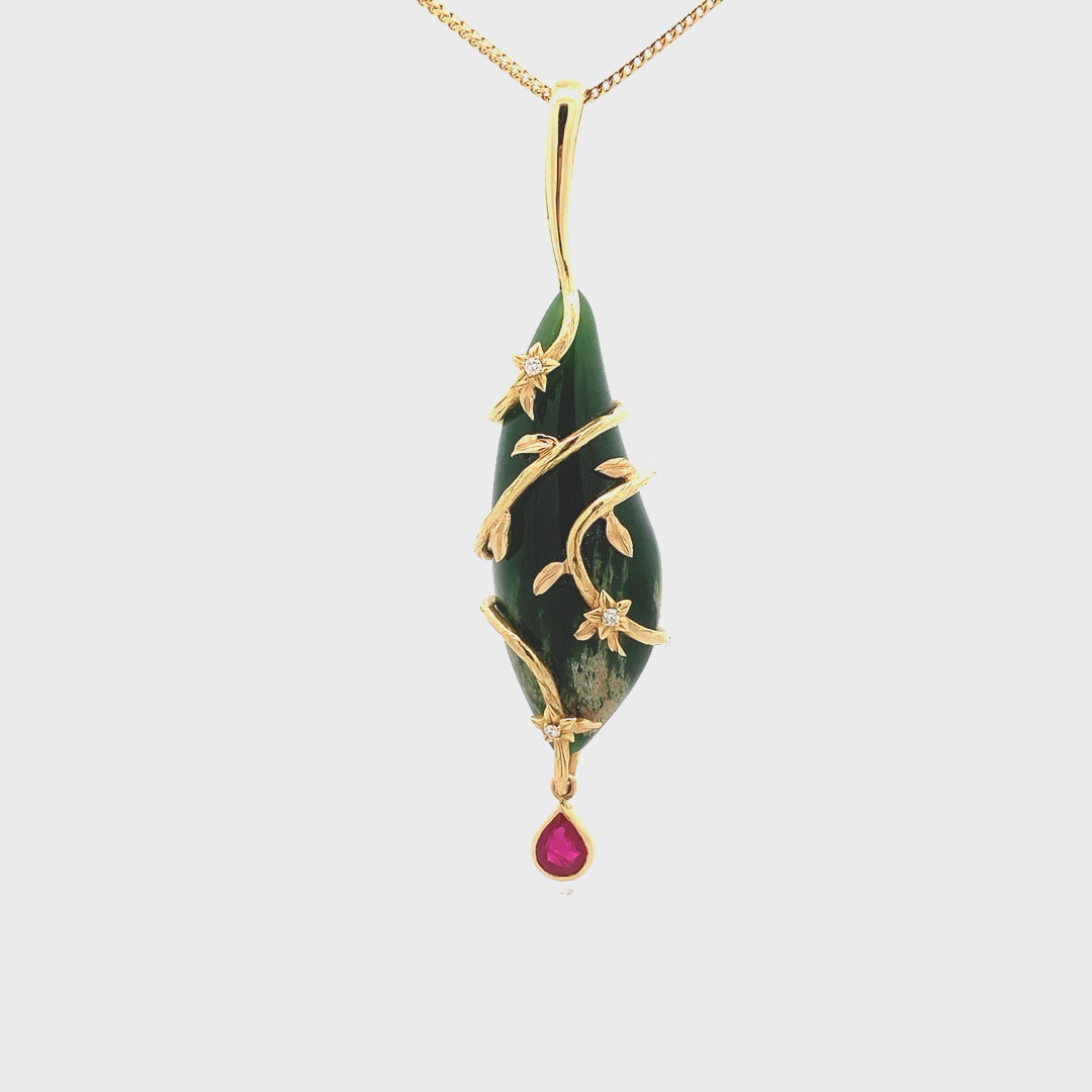 Flower Jade, Ruby & Diamond Pendant in Yellow Gold