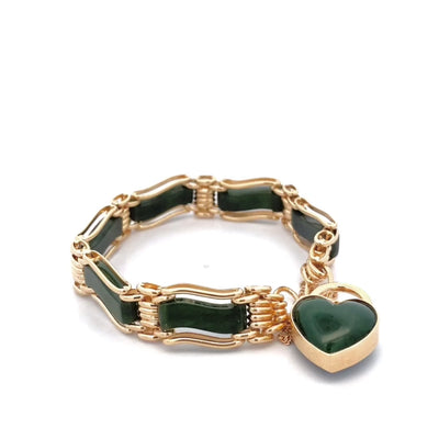 Waved Jade Bracelet with Puff Heart in Yellow Gold