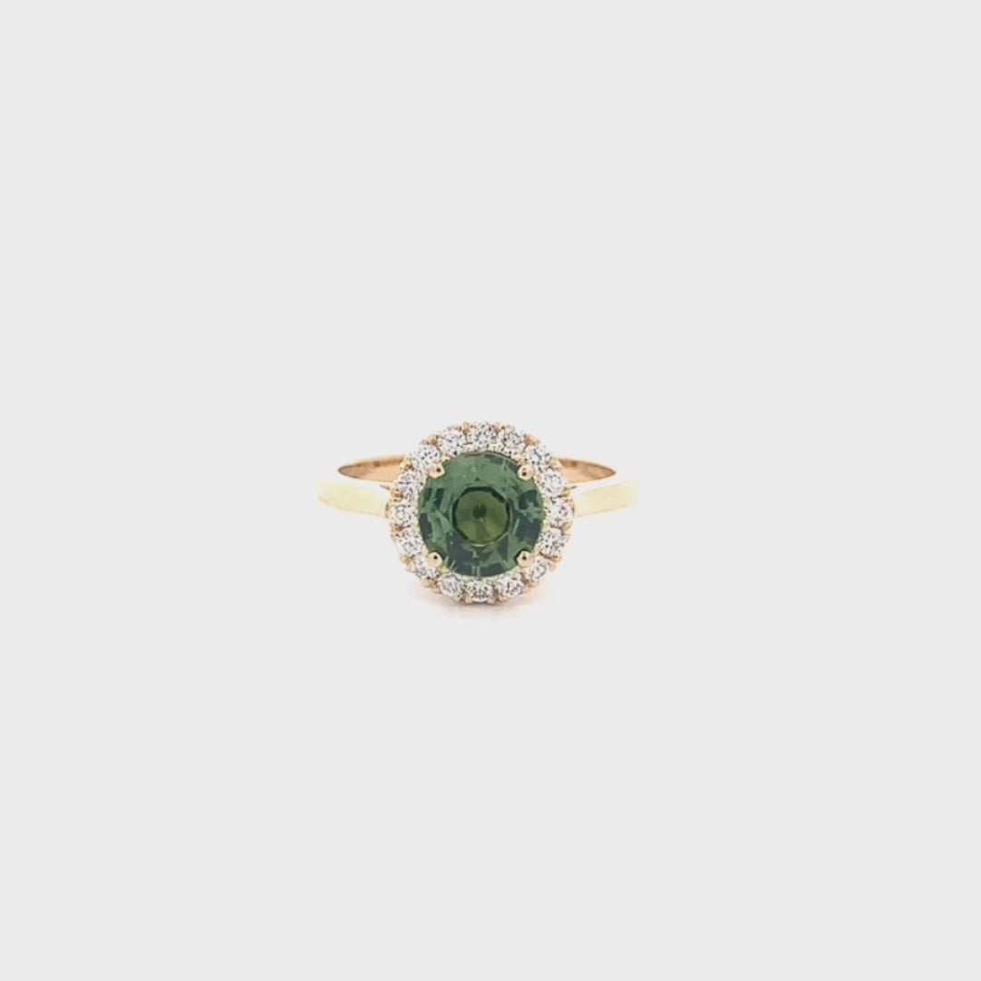 Green Sapphire and Diamond Halo Ring
