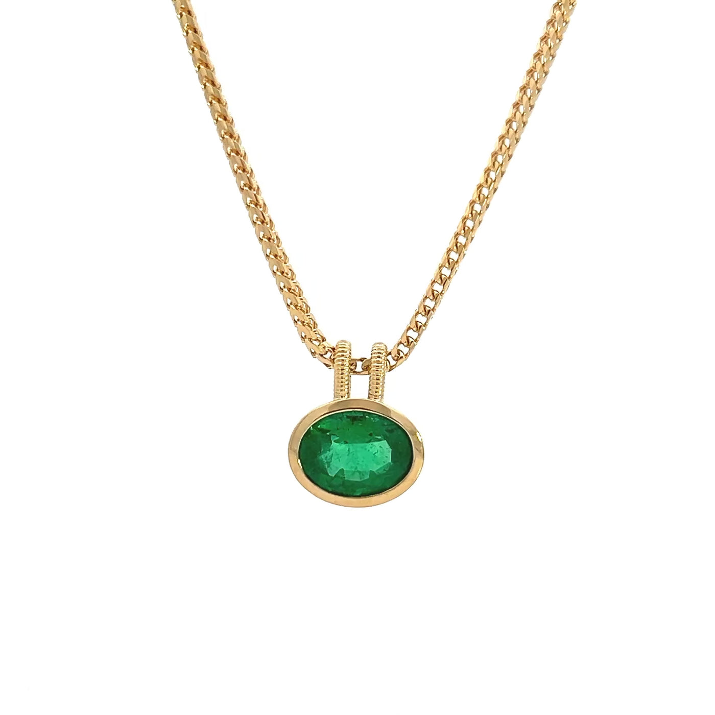 Bezel Set Oval Cut Emerald Pendant in Yellow Gold | 1.69ct