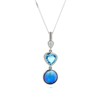 Diamond, Aquamarine and Paua Pearl Drop Pendant in White Gold