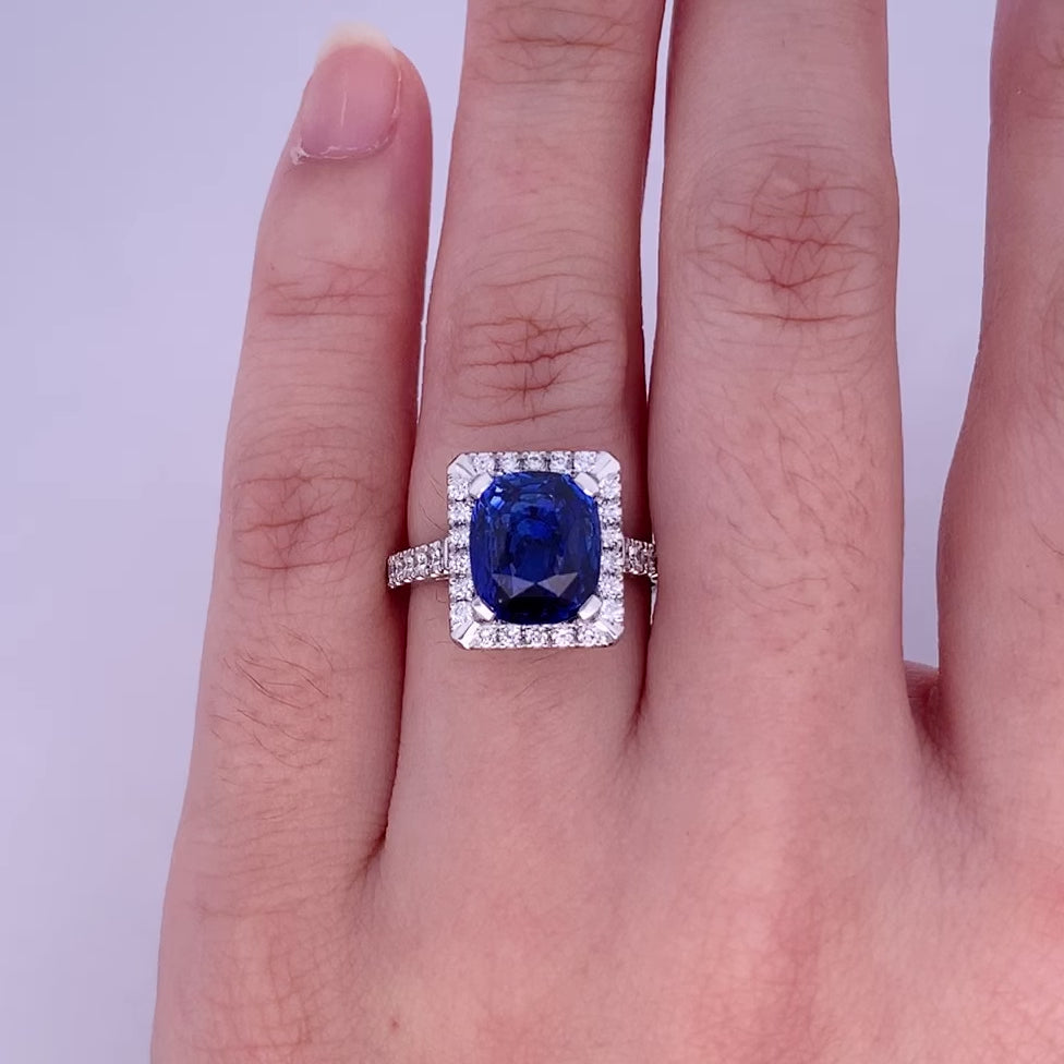 Blue Sapphire & Diamond Halo Ring in Platinum | 4.59ct