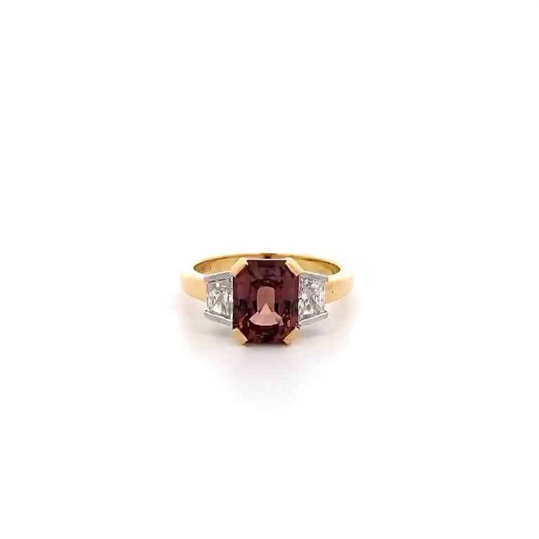 Burgundy: Sapphire & Diamond Three Stone Ring in Yellow Gold | 3.30ct