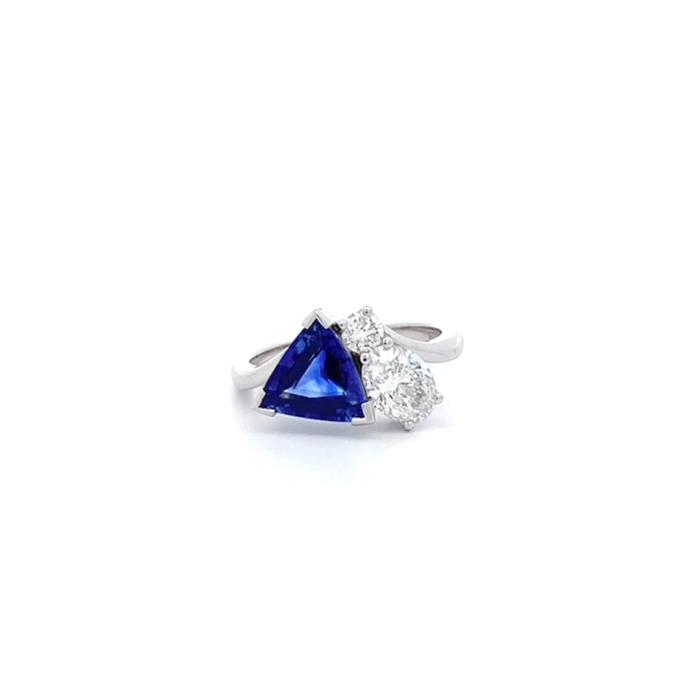 Sapphire and Diamond Three Stone Cluster Ring in Platinum