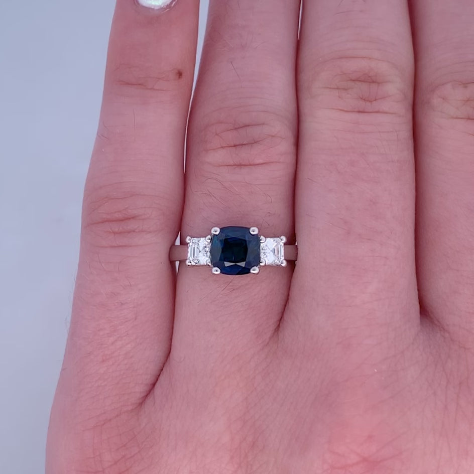 Blue Sapphire and Diamond Three Stone Ring