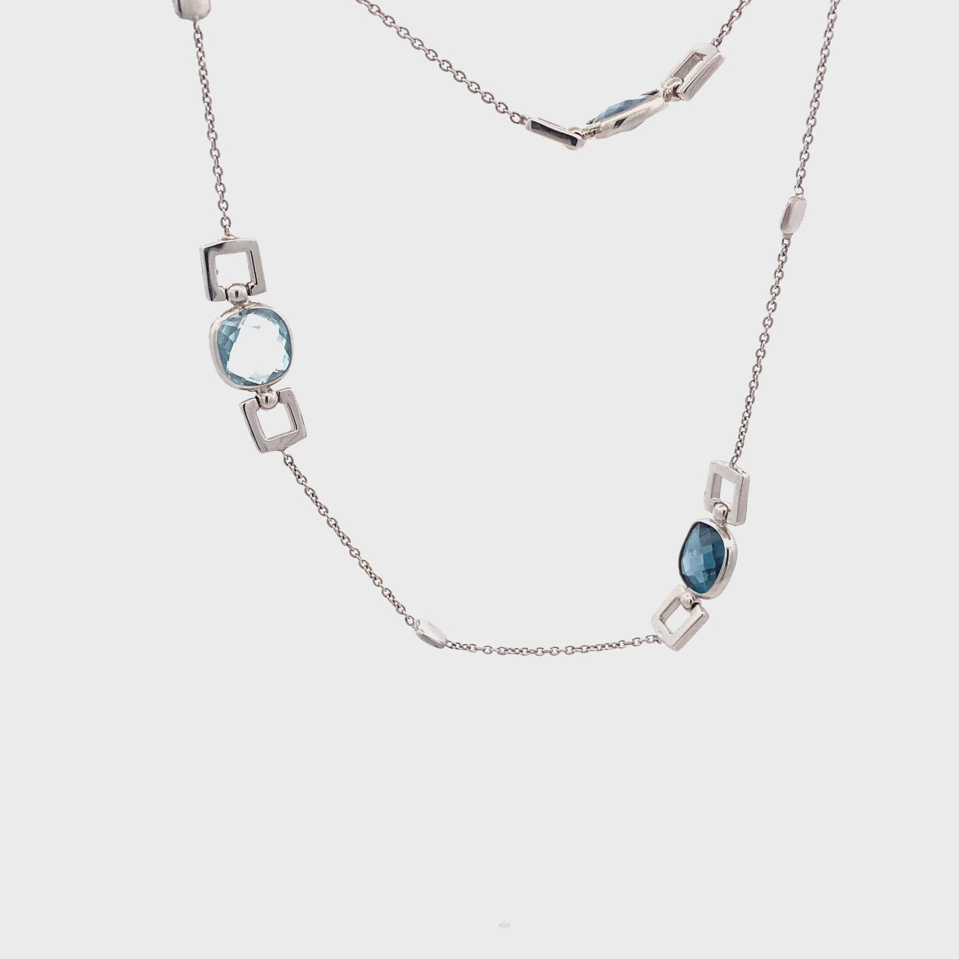 Cushion Cut Swiss and London Blue Topaz Necklace in White Gold
