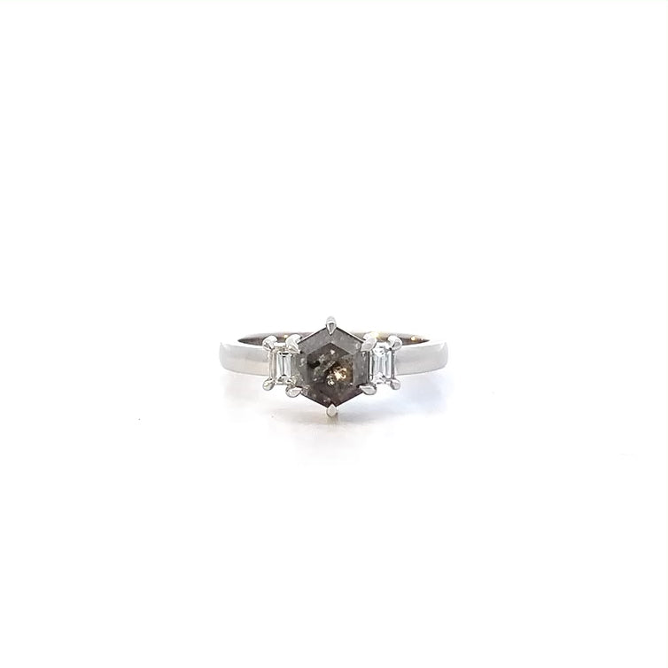 Salt and Pepper Hexagonal Diamond Three Stone Ring | 1.42ctw